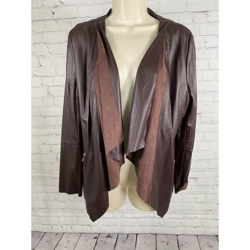 Dolce Cabo Brown Open Drapey Front Soft Vegan Leather Zipper Pockets Jacket M